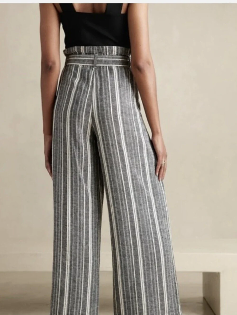 BANANA REPUBLIC Linen Blend Paper Bag Wide-Leg Pants - Black & White Stripe